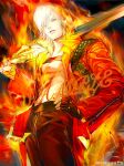  1boy absurdres belt_bra blue_eyes coat dante_(devil_may_cry) devil_may_cry_(series) devil_may_cry_3 fire flame_print gloves highres holding holding_weapon looking_at_viewer male_focus muscular muscular_male pyrokinesis rebellion_(sword) red_coat red_theme solo standing sword torch upper_body weapon white_hair 