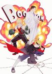  3boys absurdres akatsuki_uniform bai_wu_dong bakugou_katsuki bandana bare_shoulders black_hair blonde_hair blue_eyes boku_no_hero_academia boots crossover deidara explosion formal fullmetal_alchemist gloves hat highres holding holding_clothes holding_hat jewelry long_hair low_ponytail male_focus multiple_boys multiple_crossover nail_polish naruto_(series) naruto_shippuuden necktie onomatopoeia pants ponytail purple_neckwear red_eyes ring short_hair smile solf_j_kimblee spiked_hair suit trait_connection white_suit 