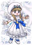  1girl absurdres angel_wings bangle blonde_hair blue_bow blue_eyes blunt_bangs blush bow bracelet braid commentary dragon_quest dragon_quest_xi dress feathered_wings frilled_dress frills full_body hat highres jewelry juliet_sleeves long_dress long_hair long_sleeves looking_at_viewer low_twintails moyapippi official_alternate_costume open_hands open_mouth outstretched_arms puffy_short_sleeves puffy_sleeves short_sleeves smile solo standing twin_braids twintails veronica_(dq11) white_dress white_footwear white_hat white_wings wings 