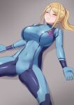  1girl absurdres amayo_thranana blonde_hair blue_bodysuit blush bodysuit breasts closed_eyes closed_mouth covered_navel grey_background highres large_breasts long_hair lying metroid mole mole_under_mouth on_back ponytail samus_aran simple_background skin_tight solo spread_legs unconscious zero_suit 