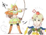  1boy 1girl absurdres alfred_(fire_emblem) apple_on_head archery arrow_(projectile) ascot blue_cape bow bow_(weapon) cape crop_top etie_(fire_emblem) fire_emblem fire_emblem_engage green_bow green_eyes green_shirt green_skirt highres holding holding_arrow holding_bow_(weapon) holding_weapon nendo23 orange_gemstone orange_hair prince shirt skirt swept_bangs target_practice tiara translation_request weapon yellow_ascot 