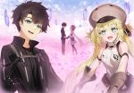  1boy 1girl :d artoria_pendragon_(caster)_(fate) artoria_pendragon_(fate) bangs black_jacket blonde_hair blue_eyes blush breasts dress fate/grand_order fate_(series) field flower flower_field fujimaru_ritsuka_(male) galibo gloves green_eyes grey_gloves grey_headwear hat hetero highres holding holding_hands jacket long_hair looking_at_viewer open_mouth pantyhose polar_chaldea_uniform short_hair sleeveless sleeveless_dress small_breasts smile teeth tongue twintails upper_teeth white_dress 