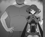  1boy 1girl ass_visible_through_thighs breasts cheating_(relationship) closed_mouth core_crystal_(xenoblade) earrings eruu_(eruuman) fat fat_man fingernails greyscale grin hand_on_own_hip heavy_breathing highres impossible_clothes jewelry large_breasts looking_at_viewer medium_breasts monochrome netorare pants pyra_(xenoblade) shirt short_shorts short_sleeves shorts smile swept_bangs teeth xenoblade_chronicles_(series) xenoblade_chronicles_2 