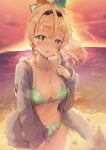  absurdres beach bikini blush breasts cleavage collarbone frilled_bikini frills hair_ornament hand_on_own_cheek hand_on_own_face highres hololive holox jacket kazama_iroha looking_at_viewer medium_breasts ocean open_clothes open_jacket open_mouth smile sunset swimsuit thighs yasei_no_nora 