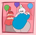  anthro balloon belly big_belly bloated cake clothed clothing dessert digital_media_(artwork) eating eyewear food glasses hair hat headgear headwear hi_res inflatable lagomorph leporid looking_at_viewer male mammal navel overweight overweight_anthro party party_hat rabbit smile solo swallowpancakes thick_thighs topwear wide_hips 