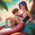  1boy 1girl ai-generated beach bikini foreplay highres lamia monster_girl non-web_source original purple_eyes purple_hair size_difference swimsuit 