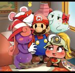  1boy 4girls bed big_nose blonde_hair blush_stickers bow_(paper_mario) colored_skin diz_(diznaoto) facial_hair ghost ghost_tail gloves goombella harem hat helmet highres mario mario_(series) mask ms._mowz multiple_girls mustache o3o paper_mario paper_mario:_the_thousand_year_door paper_mario_64 pink_hair purple_skin sweat tusks very_sweaty vivian_(paper_mario) white_gloves witch_hat 