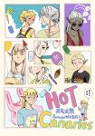  2boys 5girls bags_under_eyes black_eyes blonde_hair blue_eyes bottle breasts can chest_tattoo chinese_commentary chinese_text choker cithis contemporary cup dark-skinned_female dark_elf dark_skin drink_can dungeon_meshi earrings elf english_text facial_mark fleki food forehead_mark green_eyes grey_hair hair_over_one_eye hand_fan hat highres holding holding_bottle hoop_earrings ice ice_cream ice_cream_cone ice_cube jewelry leciel long_hair looking_at_viewer lycion milsiril_(dungeon_meshi) mithrun multiple_boys multiple_girls neck_tattoo notched_ear official_alternate_costume official_alternate_hairstyle otta_(dungeon_meshi) paper_fan pattadol pointy_ears ponytail popsicle rubik&#039;s_cube shaved_ice shirt short_hair sky soft_serve straw_hat sun sunglasses sweat t-shirt tan tank_top tattoo uchiwa very_short_hair water water_bottle watermelon_bar 
