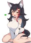  1girl :d absurdres animal_ear_fluff animal_ears arms_between_legs barefoot black_hair black_shorts blush breasts brown_eyes commentary_request hair_ornament heart highres hololive kani_bonara large_breasts long_hair long_sleeves looking_at_viewer multicolored_hair official_alternate_costume ookami_mio ookami_mio_(casual) paw_print red_hair shirt shorts simple_background sitting smile solo streaked_hair tail tail_around_own_leg very_long_hair virtual_youtuber wariza white_background white_shirt wolf_ears wolf_girl wolf_tail 