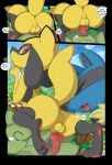  absurd_res animal_genitalia animal_penis anus backsack balls blue_body blue_fur butt canid canine canine_penis comic detailed_background english_text erection fur genitals hi_res lucario male mammal nintendo penis pok&eacute;mon pok&eacute;mon_(species) red_eyes riolu shiny_pok&eacute;mon text tricksta video_games yellow_body yellow_fur 