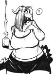  anthro big_breasts bottomwear breasts clothing container cup curvy_figure dragon eyeliner female hair horn jamil_gonzalez lizard long_hair makeup mug mythological_creature mythological_scalie mythology reptile scalie shirt shorts slightly_chubby solo surprised_expression tail tank_top topwear voluptuous 