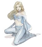  1girl absurdres animification bare_shoulders blonde_hair blue_eyes blue_lips boots cape elbow_gloves emma_frost gloves highres lipstick makeup marvel navel solo subakeye superhero_costume thigh_boots white_cape x-men 