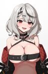  1girl absurdres areola_slip bare_shoulders black_hair blush breasts cleavage daydarion grey_hair hair_ornament highres hololive large_breasts medium_hair multicolored_hair open_mouth red_eyes sakamata_chloe solo streaked_hair virtual_youtuber x_hair_ornament 