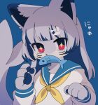  +_+ 1girl animal_ears animal_nose bangs blue_background blue_hair blue_sailor_collar blunt_bangs body_fur cat_ears cat_girl colored_inner_hair facial_mark fish fish_bone fish_hair_ornament fish_tail flat_chest furry grey_fur grey_hair hair_ornament hairclip hands_up highres jpeg_artifacts long_hair looking_at_viewer meg_(115meg) mouth_hold multicolored_hair neckerchief original paw_print pawpads paws red_eyes sailor_collar school_uniform serafuku shark_girl shark_tail sidelocks simple_background sketch solo streaked_hair symbol_commentary tail translated two-tone_fur two-tone_hair upper_body white_fur yellow_neckwear 
