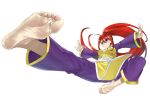  1girl artist_request barefoot blue_eyes chinese_clothes commission dress eiji_(eiji) highres kicking no_shoes non-web_source original pants purple_pants purple_sleeves red_hair soles toes white_trim yellow_dress yellow_trim 