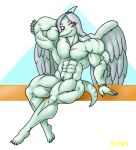  2024 abs alpha_channel ambiguous_gender anthro areola bent_arm bent_legs big_muscles biped blue_areola blue_body blue_nipples blue_scales claws colored elbow_feathers extinct eyebrows fang_(gvh) feathered_wings feathers fingers flexing flexing_bicep goodbye_volcano_high grey_body grey_eyebrows grey_feathers grey_hair hair hand_behind_head hi_res huge_muscles hyper hyper_muscles lgbt_pride long_hair looking_at_viewer markings multicolored_body multicolored_scales muscular muscular_ambiguous muscular_anthro nipples nonbinary_(lore) nonbinary_pride_colors nude orange_eyes pecs prehistoric_species pride_colors pterodactylus pterosaur pubes reptile scales scalie signature sitting smile solo spiked_headwear striped_body striped_markings striped_tail stripes stx70 tail tail_markings two_tone_body two_tone_scales wings wristband 