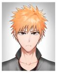  1boy bleach border brown_eyes close-up closed_mouth collarbone commentary_request eyebrows_hidden_by_hair frown grey_background grey_jacket gwao_(_ul_13) hair_between_eyes highres jacket korean_commentary kurosaki_ichigo looking_at_viewer orange_hair portrait school_uniform short_hair simple_background solo spiked_hair straight-on tsurime upturned_eyes white_border 