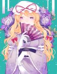  1girl absurdres blonde_hair bow commentary_request covering_own_mouth dress floral_background floral_print flower folding_fan gloves hair_bow hair_ribbon hand_fan hat hat_ribbon highres holding japanese_clothes long_hair long_sleeves looking_to_the_side mob_cap peony_(flower) purple_eyes purple_flower ribbon sideways_glance solo toraneko_2 touhou tress_ribbon white_gloves wide_sleeves yakumo_yukari 