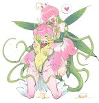  arms_behind_back bare_shoulders blush bodysuit bottle breasts closed_eyes digimon digimon_(creature) dress fairy_wings fangs flower green_hair green_leotard heart highres leotard lilamon lilimon long_hair monster_girl nervous_smile pink_bodysuit pink_dress plant_hair pussy_juice short_hair small_breasts smile spoken_heart tentacles v wings zocehuy 