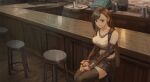  1girl bar_(place) bare_shoulders black_gloves black_hair black_thighhighs breasts brown_hair collarbone counter crop_top cup earrings elbow_gloves feet_out_of_frame final_fantasy final_fantasy_vii final_fantasy_vii_remake fingerless_gloves gloves hair_behind_ear hashtag-only_commentary highres holding holding_cup indoors jewelry large_breasts long_hair looking_at_viewer midriff nukakarubepu open_mouth red_eyes scenery single_arm_guard single_earring sitting smile solo swept_bangs tank_top thighhighs tifa_lockhart white_tank_top 
