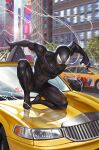  1boy black_bodysuit bodysuit car city day highres in-hyuk_lee looking_at_viewer marvel motor_vehicle on_one_knee on_vehicle outdoors solo spider-man spider-man_(series) 