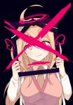  1girl 4_(nakajima4423) ahoge akamatsu_kaede backpack bag black_background blonde_hair breasts brown_necktie cartoon_wings closed_mouth collared_shirt commentary_request danganronpa_(series) danganronpa_v3:_killing_harmony eyelashes hair_ornament halo highres holding_frame iei large_breasts light_blush long_hair long_sleeves looking_at_viewer musical_note musical_note_hair_ornament necktie pink_vest purple_eyes shirt simple_background smile solo spoilers straight-on upper_body v-neck vest white_bag white_shirt 