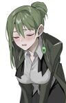  1girl ascot badge black_ascot black_pants blush breasts button_badge closed_eyes collared_shirt commentary_request eyebrow_cut facing_down folded_ponytail genderswap genderswap_(mtf) green_hair grey_shirt grey_suit hair_between_eyes hair_tie highres leaning_forward library_of_ruina long_bangs long_hair long_hair_between_eyes long_sleeves medium_breasts mu46016419 netzach_(project_moon) open_clothes open_collar pants parted_lips project_moon shirt simple_background solo suit tongue undone_ascot white_background 