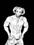  abs anthro bottomwear clothed clothing denim denim_bottomwear denim_clothing hi_res horn hybrid hyena jeans line_art looking_at_viewer male mammal nipples pants pinup pose road~abelgeym scar solo vein 