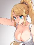 1girl blonde_hair blue_eyes breasts cleavage collarbone commentary_request dawn_warrior_(maplestory) dulldull expressionless gold_hairband grey_background hairband high_ponytail highres large_breasts leaning_forward long_hair maplestory outstretched_arm parted_lips ponytail purple_hairband sidelocks simple_background solo sweat swept_bangs tank_top white_tank_top 