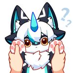  4_ears :&lt; ambiguous_gender anthro chest_tuft chibi duo feet first_person_view foot_focus fur furred_shark hefeng_character hi_res horn human kemono looking_at_viewer mammal multi_ear pawpads question_mark tuft white_body white_fur windbiom yellow_eyes 