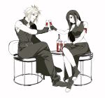  1boy 1girl absurdres alcohol apron arm_ribbon baggy_pants bare_shoulders belt_buckle black_apron black_footwear black_gloves black_hair black_pants black_shorts black_vest blonde_hair blue_eyes bottle breasts buckle closed_mouth cloud_strife collarbone commentary couple crop_top crossed_legs cup drinking_glass duoj_ji earrings final_fantasy final_fantasy_vii final_fantasy_vii_advent_children full_body gloves highres holding holding_cup jewelry long_hair looking_at_another medium_breasts midriff on_chair pale_skin pants popped_collar red_eyes red_ribbon ribbed_shirt ribbon shirt short_hair shorts single_bare_shoulder single_earring single_shoulder_pad sitting sleeveless sleeveless_shirt smile spiked_hair swept_bangs symbol-only_commentary tank_top tifa_lockhart toasting_(gesture) twitter_username vest waist_apron white_background white_tank_top 