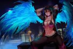  1girl abs arms_up belt black_hair black_jacket blue_eyes blue_wings body_markings breasts cityscape cleavage collarbone covered_nipples dark glaring glowing_veins highres jacket long_bangs looking_at_viewer moon multicolored_clothes multicolored_jacket muscular muscular_female nextoad night night_sky noel_(tracedrenon) original ponytail red_jacket shiny_skin signature skindentation sky sleeves_rolled_up solo spirit squatting toned_female two-tone_jacket wings 
