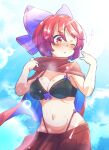  1girl black_bra blue_bow blush bow bra breasts cape cleavage day hair_bow large_breasts navel one_eye_closed outdoors parted_lips pleated_skirt red_cape red_eyes red_hair red_skirt sekibanki sekibanki_(dullahan_on_the_beach) short_hair skirt solo sweat tanasuke touhou touhou_lostword underwear 