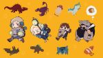  1girl 3boys beard bread carrying carrying_under_arm chibi chilchuck_tims creature dragon dungeon_meshi dwarf facial_hair fake_horns flour food frog from_side golem helmet highres horned_helmet horns kelpie laios_touden loaf_of_bread long_beard looking_at_viewer marcille_donato monster multiple_boys mustache scared scorpion senshi_(dungeon_meshi) skziman tareme thick_mustache thought_bubble very_long_beard walking walking_mushroom_(dungeon_meshi) 