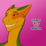  anthro blue_eyes gemini_the_sergal green_body long_neck male multicolored_body sergal smile smiling_at_viewer smirk smirking_at_viewer solo text yellow_body 