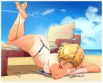 1girl absurdres ass barefoot beach bikini bishoujo_senshi_sailor_moon blonde_hair blue_eyes blue_sky blurry breasts chair cloud commentary contrail depth_of_field english_commentary feet_up fritz_willie full_body highres looking_at_viewer lounge_chair lying on_stomach outdoors pillow sand short_hair signature sky solo swimsuit tan tanlines ten&#039;ou_haruka untied_bikini very_short_hair water 