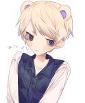  1boy absurdres animal_crossing animal_ears blonde_hair closed_mouth highres holding long_sleeves looking_at_viewer male_focus marshal_(animal_crossing) nakiyu personification shirt short_hair simple_background squirrel_boy squirrel_ears squirrel_tail tail white_background 