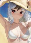  1girl absurdres armpits arms_up bikini black_hair blue_archive blurry blurry_background blush breasts closed_mouth collarbone commentary day earclip english_commentary front-tie_bikini_top front-tie_top grey_hair halterneck hat highres kayoko_(blue_archive) long_hair looking_at_viewer medium_breasts multicolored_hair outdoors portrait red_eyes rifu002 shadow smile solo split_mouth straw_hat swimsuit two-tone_hair very_long_hair white_bikini 