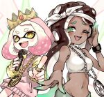  2girls :d ;d aqua_hair aqua_skin bandana bare_shoulders breasts bright_pupils brown_hair cephalopod_eyes colored_skin crop_top cross-shaped_pupils crown dark-skinned_female dark_skin eyes_visible_through_hair furrowed_brow gradient_hair gradient_skin groin hand_up headphones highres holding holding_microphone hood hood_up hoodie horizontal_pupils index_finger_raised inkling jewelry long_hair long_sleeves marina_(splatoon) medallion medium_breasts medium_hair microphone mole mole_under_mouth multicolored_hair multicolored_skin multiple_girls multiple_rings navel_piercing octoling one_eye_closed open_mouth outstretched_arm pearl_(splatoon) piercing pink_hair pink_pupils plum0o0 ring shirt short_eyebrows sleeveless sleeveless_shirt smile splatoon_(series) splatoon_2 splatoon_2:_octo_expansion suction_cups symbol-shaped_pupils two-tone_hair two-tone_skin very_long_hair white_bandana white_hair white_pupils white_shirt yellow_eyes 
