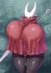  2b-ge anthro arthropod between_breasts big_breasts black_body black_legs blush bodily_fluids breasts clothing cum curvy_figure dress duo eyelashes female genital_fluids glistening glistening_body green_background hi_res hollow_knight hornet_(hollow_knight) huge_breasts hyper hyper_breasts male male/female melee_weapon red_clothing red_dress sharing_clothing simple_background standing steam sword sword_on_back team_cherry thick_thighs voluptuous weapon white_head wide_hips 