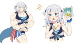  1girl :3 blue_eyes blue_hair blush closed_eyes commentary fins fish_tail flexing gawr_gura grey_hair hair_ornament highres holding holding_photo hololive hololive_english hololive_summer_2023_swimsuit looking_at_viewer mittsu multicolored_hair multiple_views muscular muscular_female official_art photo_(object) shark_girl shark_hair_ornament shark_tail shorts simple_background solo streaked_hair swimsuit tail triangle_mouth two_side_up virtual_youtuber white_background wristband 