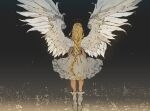  1girl angel angel_wings blonde_hair braid city demizu_posuka dress feathered_wings from_behind grey_dress highres long_hair night original outdoors single_braid solo wings 