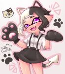  absurdres animal_ears animal_hands black_hair bow bowtie cat cat_ears fake_animal_ears fang gloves highres imconfleis inkling inkling_girl inkling_player_character judd_(splatoon) multicolored_hair open_mouth paw_gloves pointy_ears purple_eyes shirt short_hair simple_background skirt splatoon_(series) splatoon_1 splatoon_2 splatoon_3 split-color_hair suction_cups tail tentacle_hair twitter_username white_background white_hair white_shirt 
