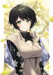  1girl black_hair blush breasts clothing_cutout commentary dress eyelashes falling_leaves floral_print green_eyes grin highres konogi_nogi leaf messy_hair original pin short_hair signature smile solo symbol-only_commentary teeth tree twitter_username 