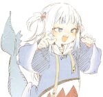  1girl abara_heiki blue_eyes blue_hair blue_hoodie blue_nails blush claw_pose commentary cowboy_shot eyebrows_visible_through_hair fish_tail gawr_gura hair_ornament hololive hololive_english hood hoodie medium_hair multicolored_hair nail_polish open_mouth shark_hair_ornament shark_tail sharp_teeth short_twintails simple_background smile solo streaked_hair symbol_commentary tail teeth traditional_media twintails two-tone_hair two_side_up virtual_youtuber white_background white_hair wide_sleeves 