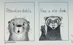  2020 3_fingers ambiguous_gender anthro black_and_white comic dialogue domestic_ferret duo english_text fingers gesture humor looking_at_viewer lutrine mammal monochrome mustela mustelid musteline nik159 open_mouth pen_(artwork) pun talking_to_viewer text traditional_media_(artwork) url v_sign whiskers 
