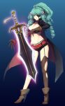  1girl belt breasts cleavage drill_hair eyepatch fiore_brunelli floating_weapon gloves green_hair hair_ornament highres long_hair looking_at_viewer midriff murata_tefu navel pirate ponytail simple_background skull_and_crossbones skull_hair_ornament solo star_ocean star_ocean_integrity_and_faithlessness sword weapon yellow_eyes 