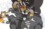  2021 anthro balls barazoku black_body black_fur blush bodily_fluids brown_body brown_fur fur genital_fluids genitals group hyaku_(artist) japanese_text kemono legendary_pok&eacute;mon male male/male mammal nintendo pangoro penis pok&eacute;mon pok&eacute;mon_(species) precum sweat text ursaring urshifu ursid video_games white_body white_fur 