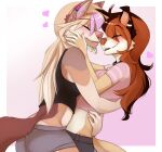  2021 anthro breasts brown_hair canid canine canis clothed clothing digital_media_(artwork) domestic_dog duo ear_piercing ear_ring eyebrows eyelashes female hair mammal piercing smile wolflady 