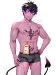  &gt;:) 1boy boxer_briefs colored_skin demon_boy demon_horns demon_tail doyagao erection erection_under_clothes gradient_hair highres horns incubus looking_at_viewer male_focus male_underwear multicolored_hair object_on_bulge original pointy_ears purple_skin shampoo_challenge shiohara_shinogi shirtless smile smug solo tail toned toned_male underwear 